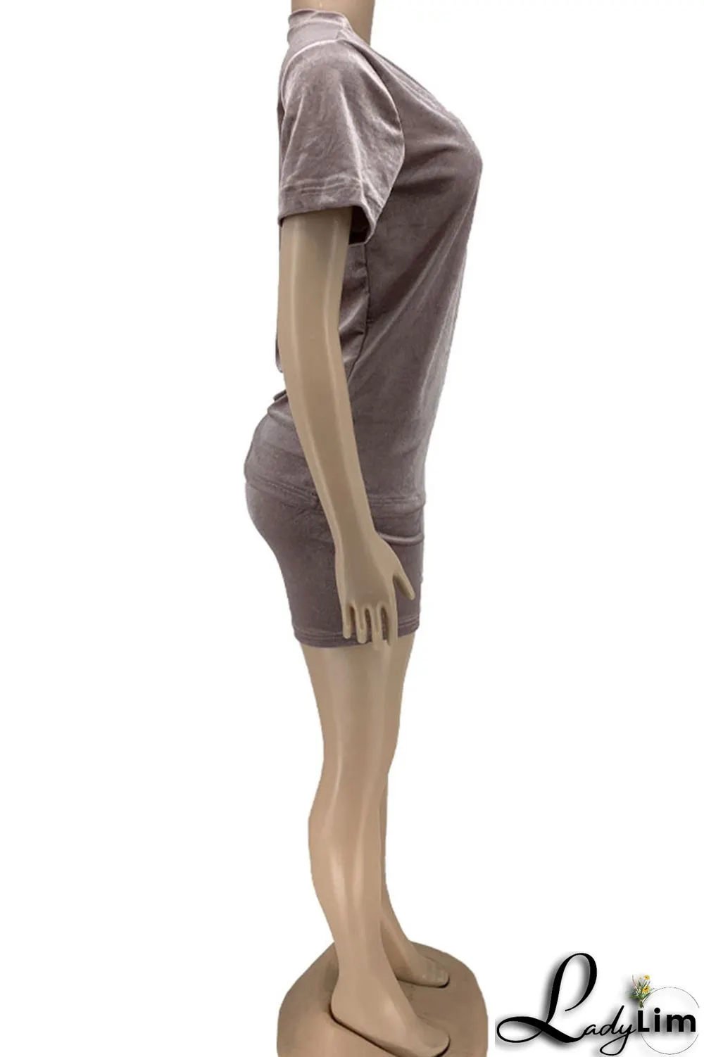 Champagne Casual Solid Split Joint V Neck Short Sleeve Two Pieces