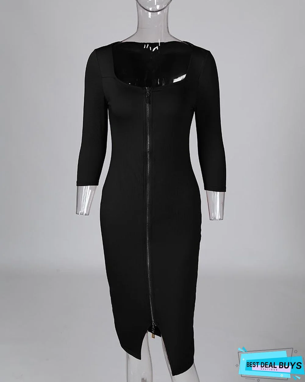 Sexy Zipper Up Split Bodycon Dress Black Dresses