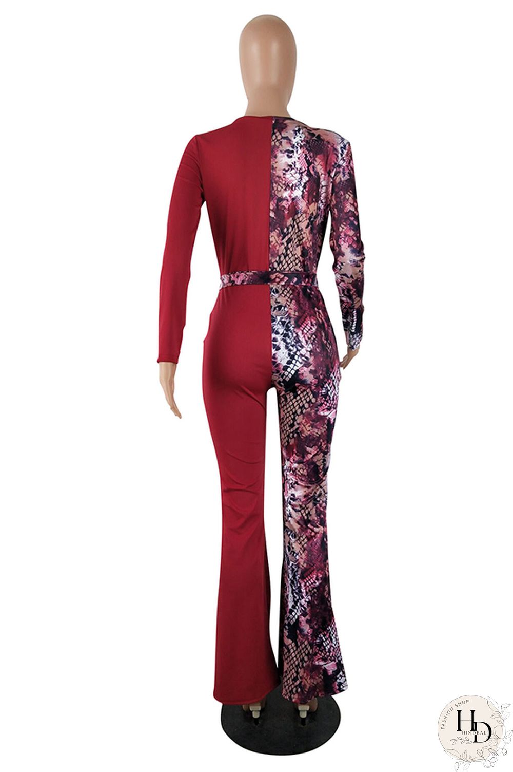 Wine Red Fashion Sexy bandage Patchwork serpentine Print Polyester Long Sleeve V Neck Jumpsuits