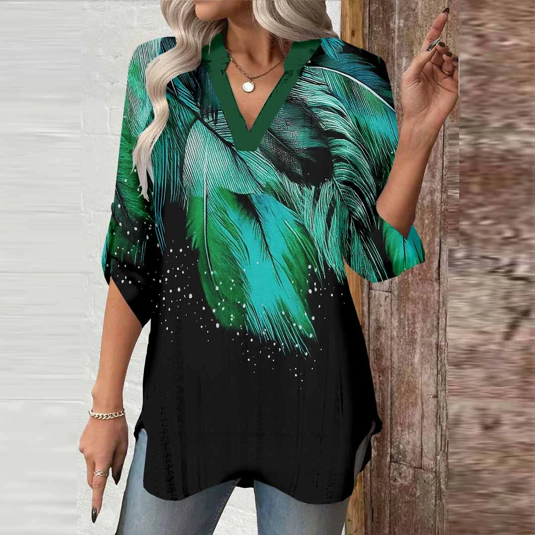 Women Feather, Green, Black DZGA0658 3/4 Sleeve V-neck Printed Graphic Button Tops