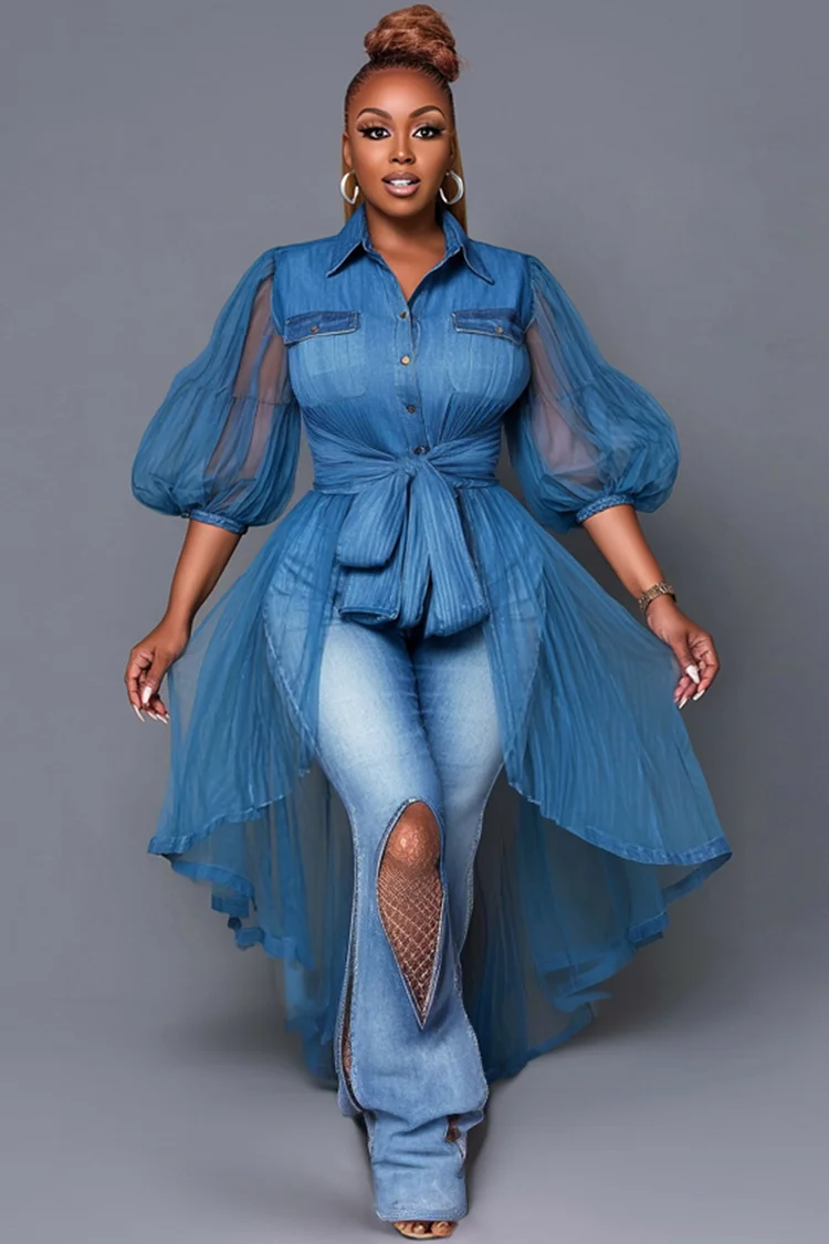 Xpluswear Design Plus Size Business Casual Blue Shirt Collar Puff Sleeve Half Sleeve Contrast Casual Wrap Tencel Denim Blouses [Pre-Order]