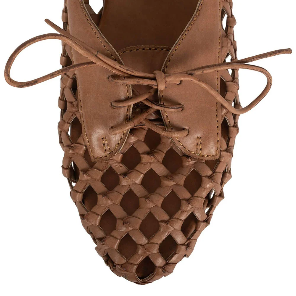 Simple Brown Tie-Up Round Toe Woven Details Flats with Cut-Outs