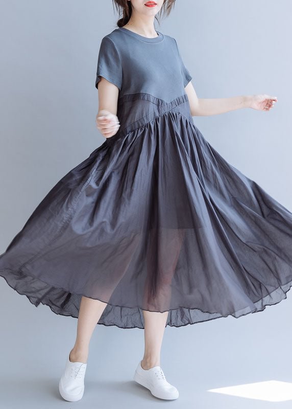 Boho Grey Patchwork Cotton Party fashion Dress Short Sleeve CK522- Fabulory