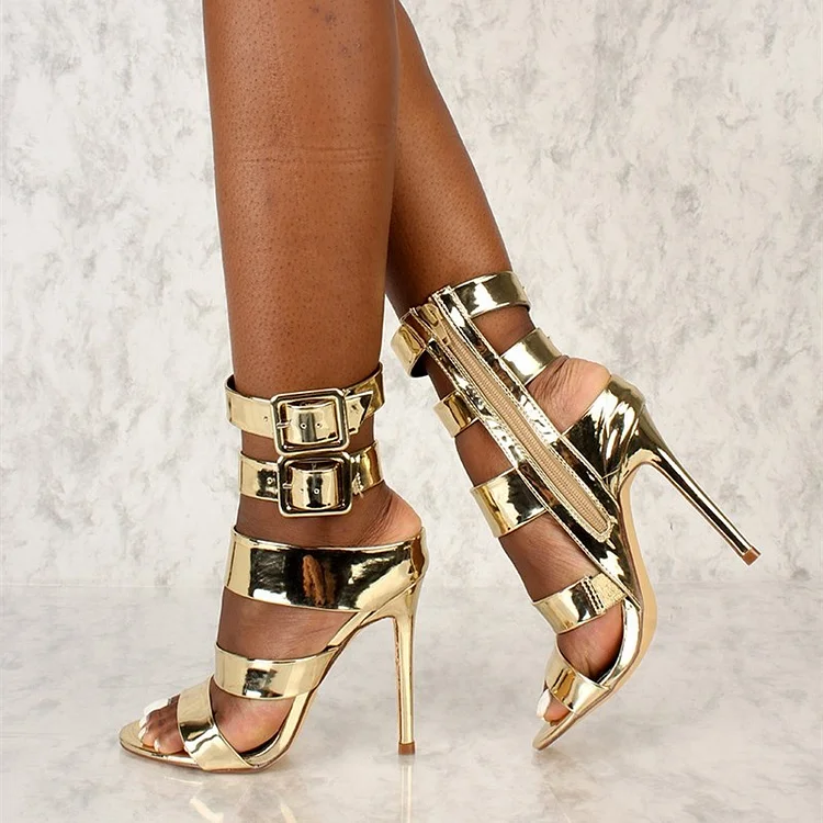 Gold Metallic Open Toe Ankle Buckle Strappy High Heel Sandals |FSJ Shoes