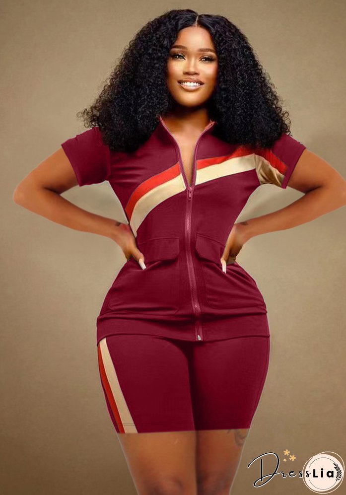 Women's Sports Casual Fashion Zip Pocket Top Shorts Two-Piece Set