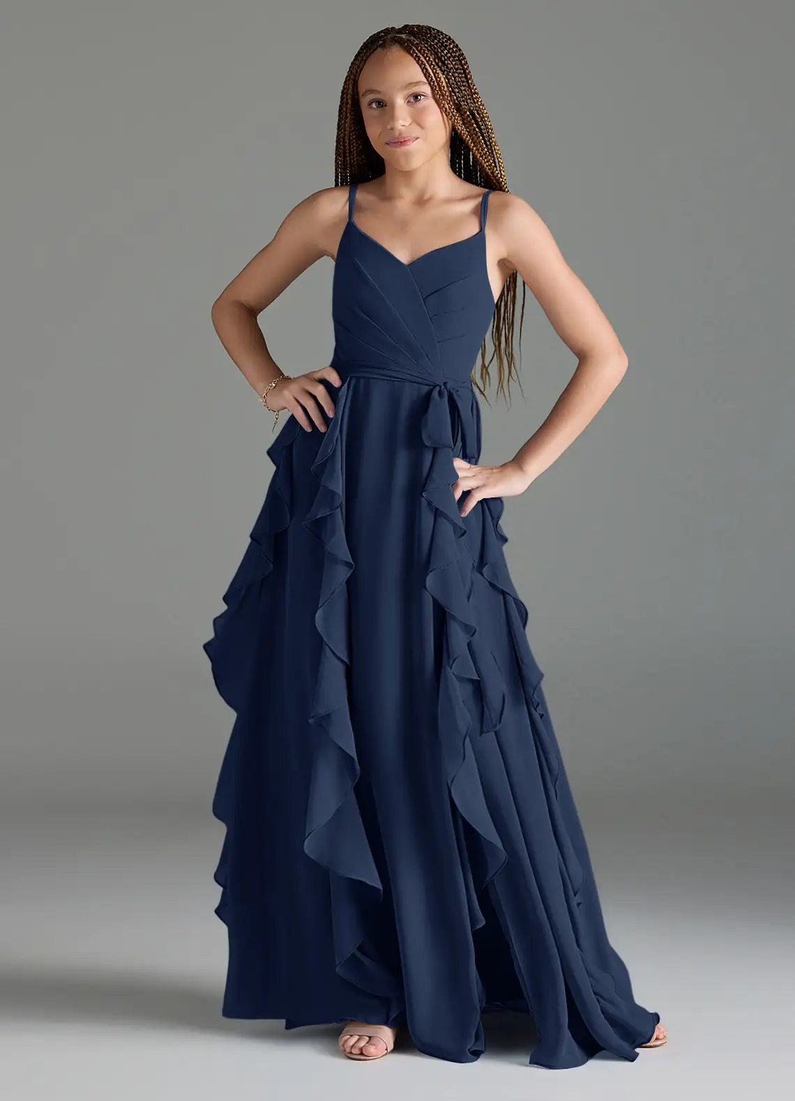 Chiffon V-Neck Spaghetti Straps Sleeveless High-Waisted Long A-Line Junior Bridesmaid Dress With Pleated And Ruffles | JB040 Wellcucu