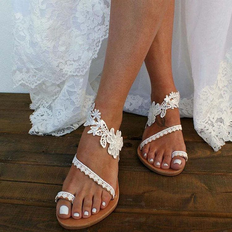 UK10 Women White Lace Boho Flat Sandals Beach Wedding Sandals Flower Pattern Slippers  Stunahome.com
