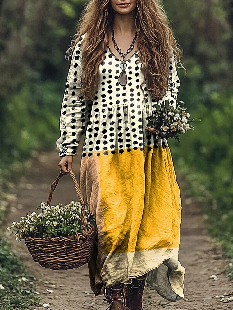Women's Yellow Color-blocked Dots Print Pocket Cotton Dress