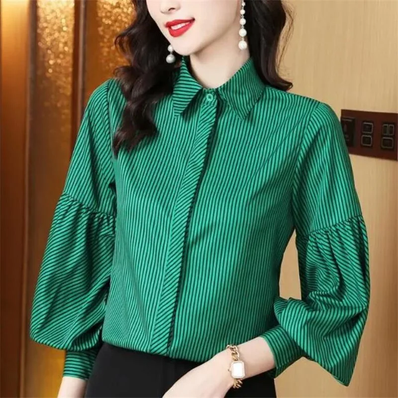 Cotton Striped Blouse Female Shirt Polo collar Long Lantern Sleeve Women Blouse Loose Elegant Button Top Office Ladies Shirt