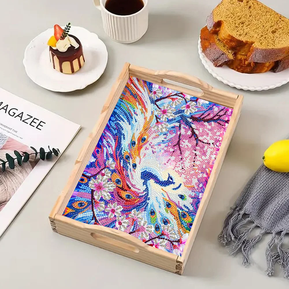 Wooden Peach Blossom Peacock 5D DIY Diamond Painting Tray Art Craft with Handle