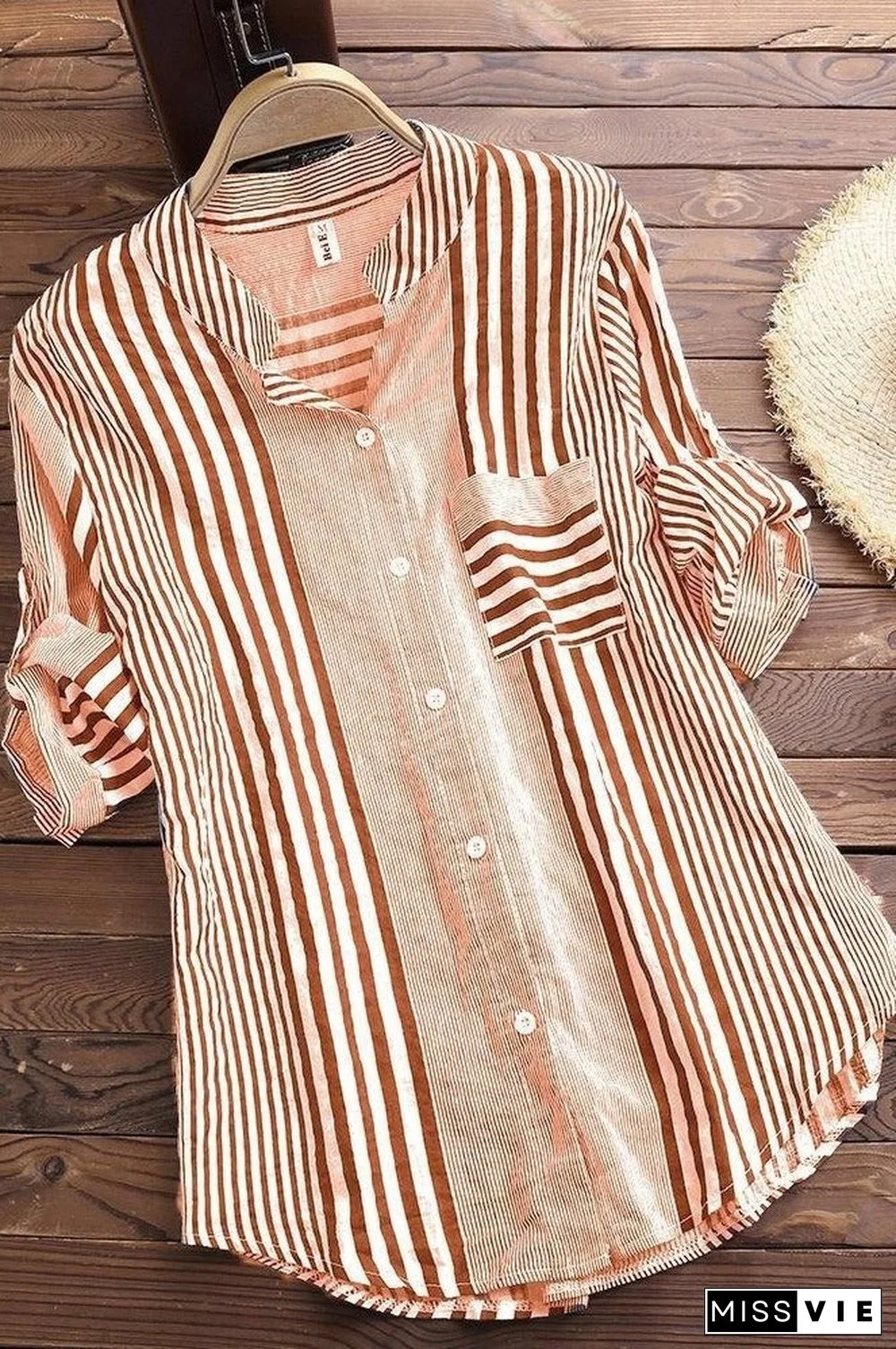 Stripe Print Stand Collar 3/4 Sleeves Blouse