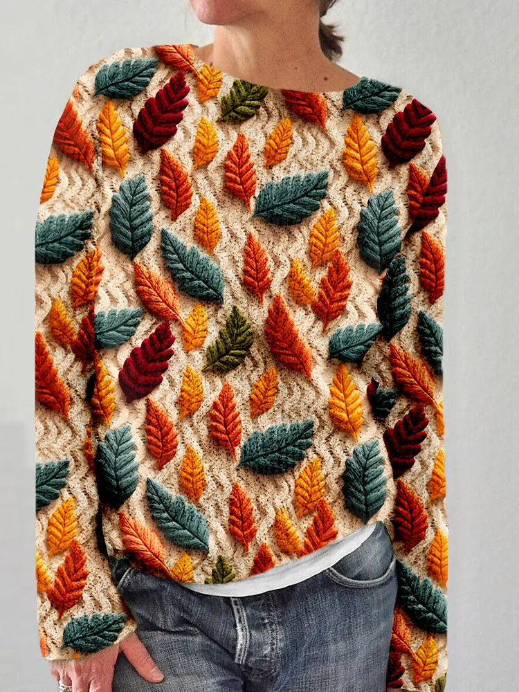 Fall Leaves Embroidery Art Comfy Knit Sweater