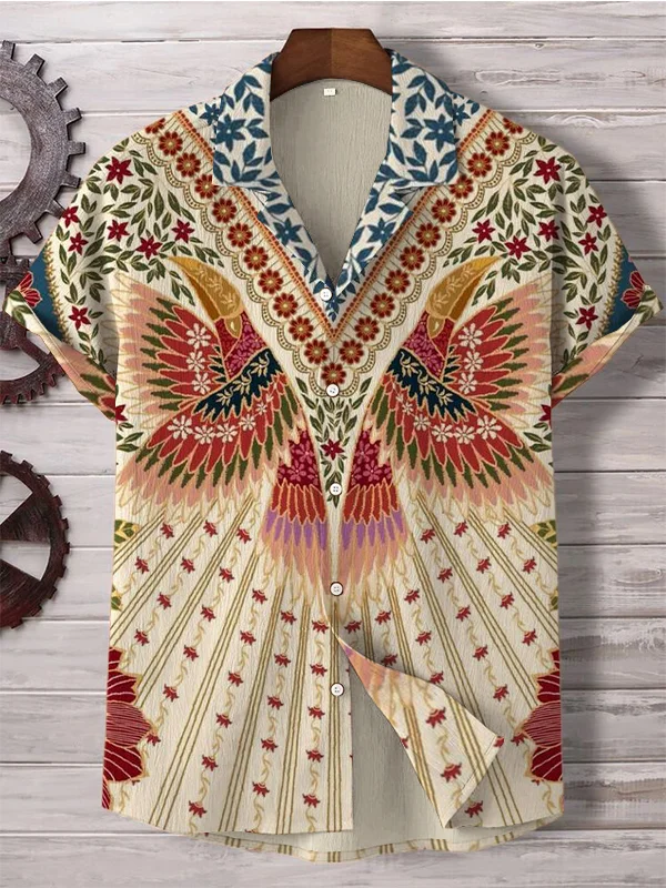 Men's Bird Flower Pattern All Over Art Print Short Sleeve Shirt