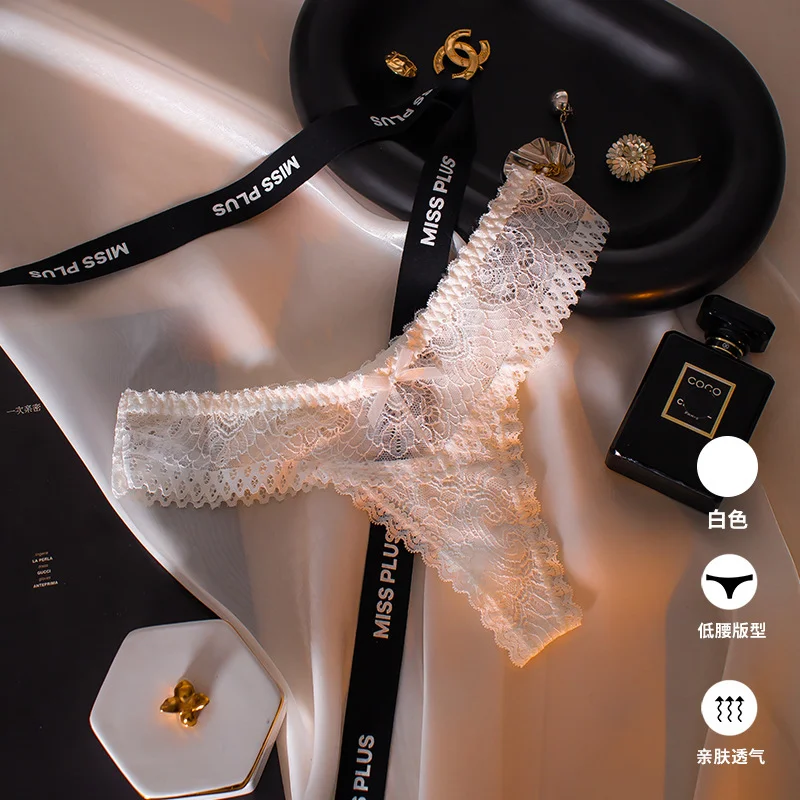 Uveng Uveng Sexy Lace Thong Female Hollow V Waist Pure Desire Bow Breathless Large Peach Butt Trousers