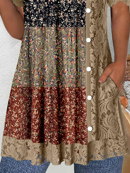 Women's Short Sleeve Scoop Neck Graphic Lace Buttons Tops