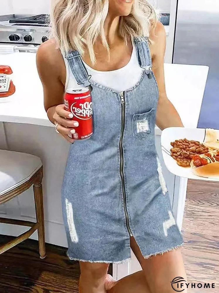 Women's Dresses Zip Pocket Suspenders Strap Denim Dress | IFYHOME