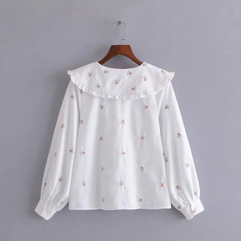 Za Women's Blouses Floral Shirts Embroidery Blusas Mujer White Long Sleeves Cute Peter Pan Collar Blouse Casual Chic Thin Spring