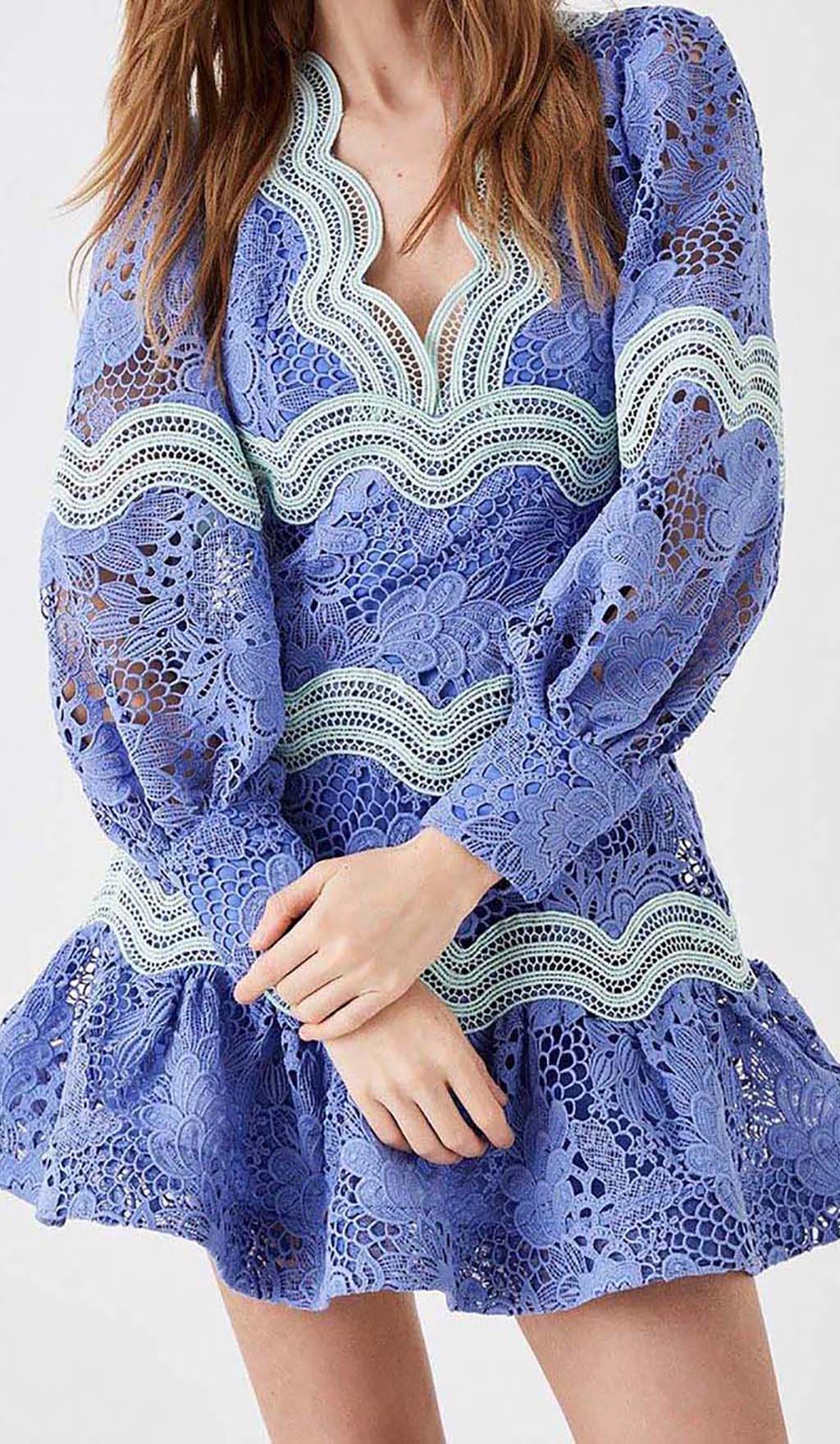 Lace Sleeve Trim Detail Mini Dress In Blue Flowering Girl
