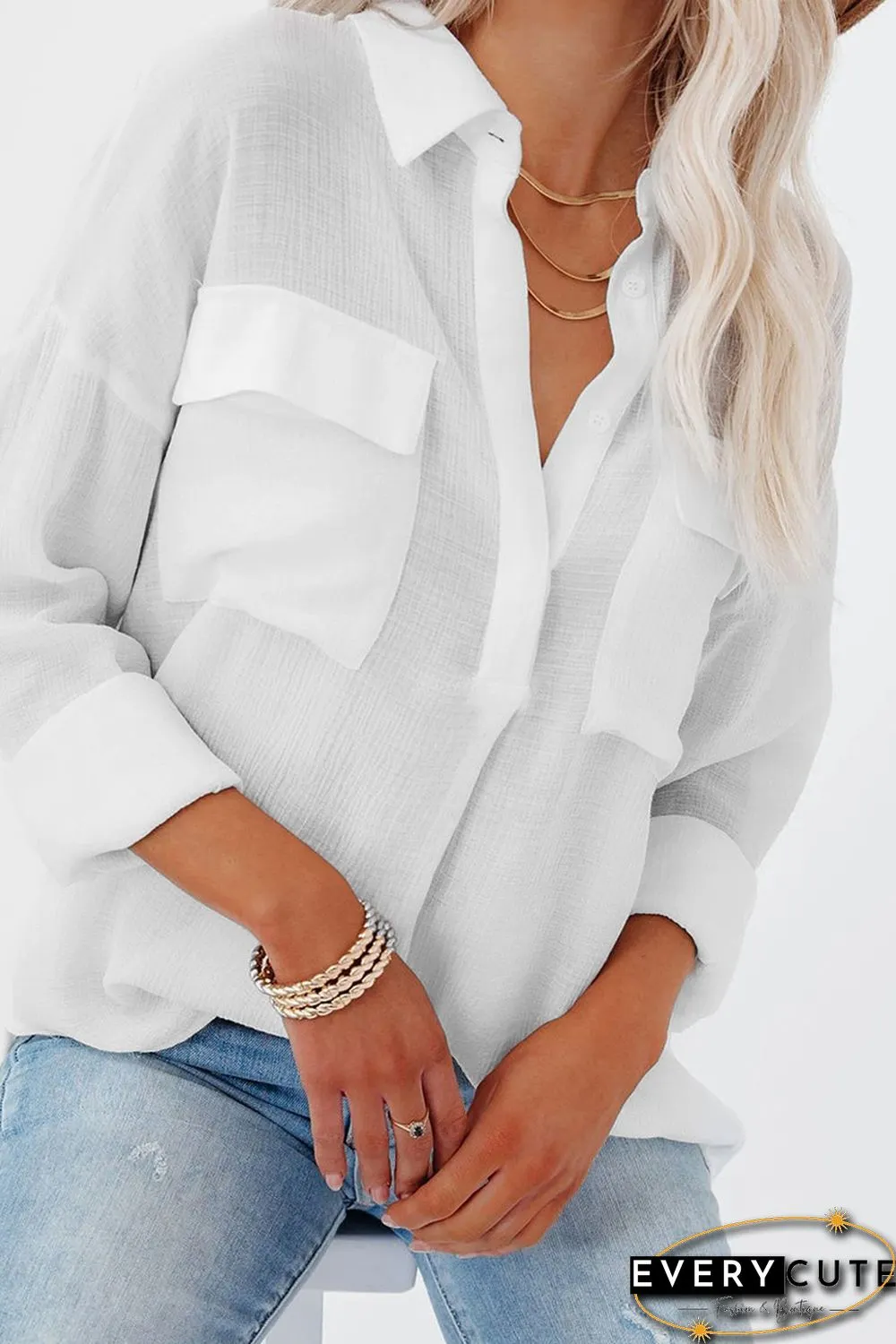 White Buttoned Long Sleeve Shirt with Pocket