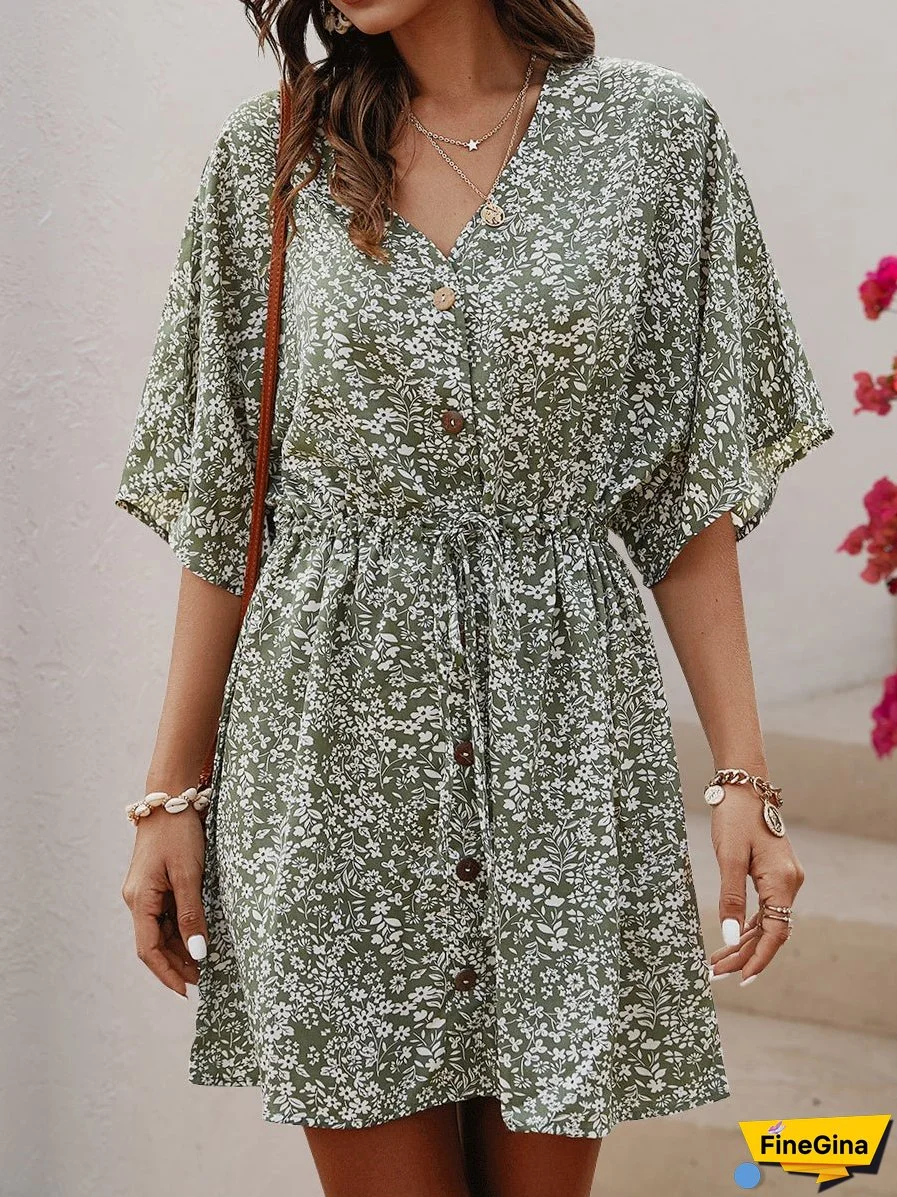 V-Neck Single-Breasted Button Printed Pattern Floral Mini Dress