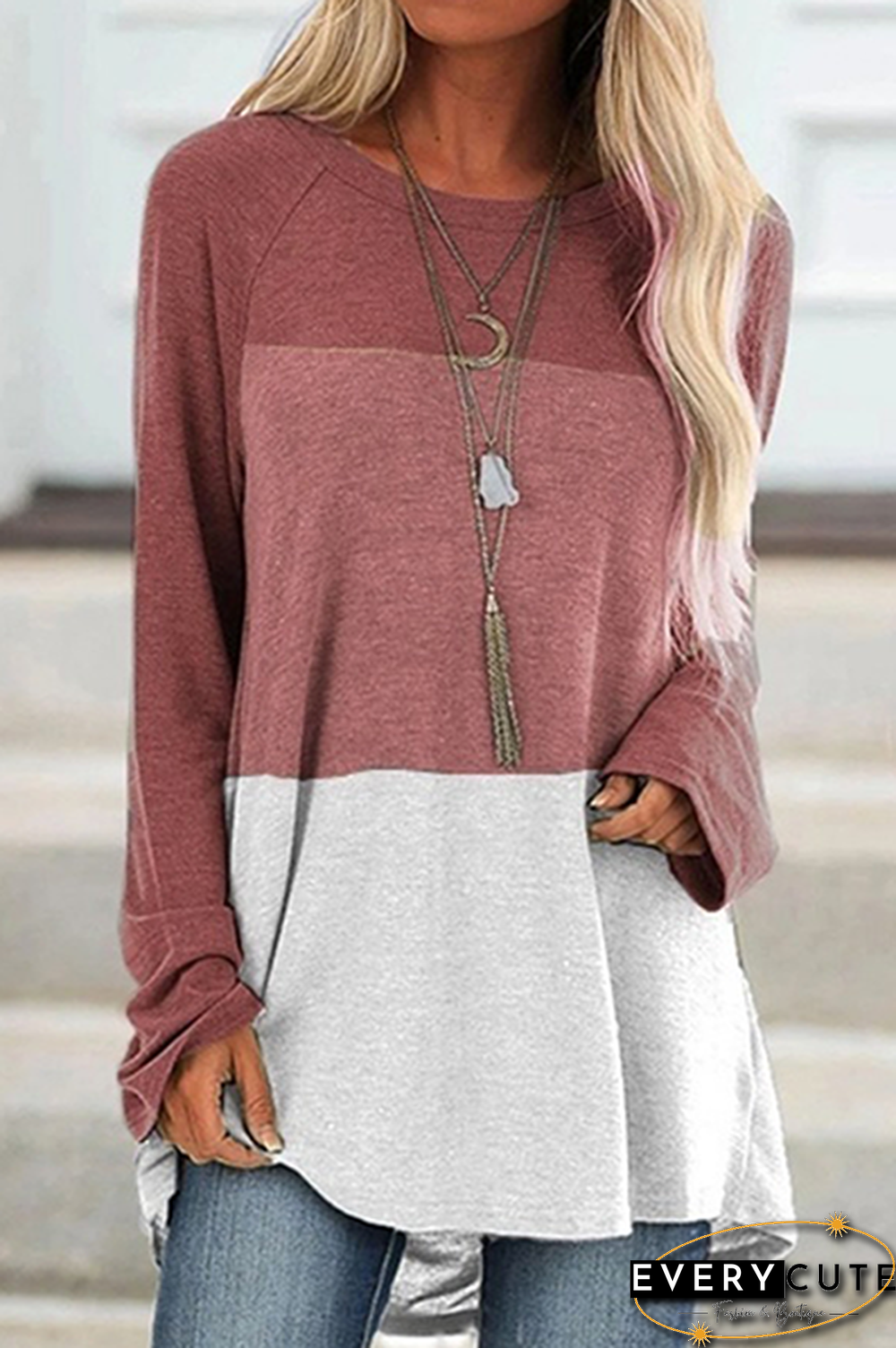 Casual Patchwork Basic Contrast O Neck Tops(6 Colors)