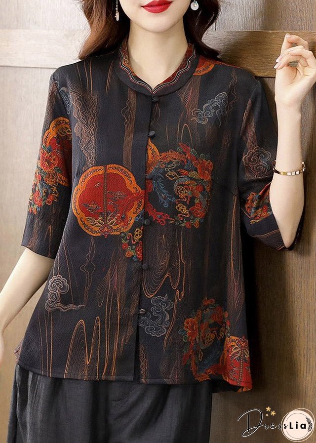 Unique Black Floral Peter Pan Collar Print Button Silk Shirt Half Sleeve