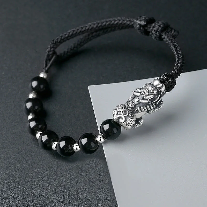999 Sterling Silver FengShui PiXiu Natural Black Obsidian 925 Sterling Silver Bead Strength Bracelet
