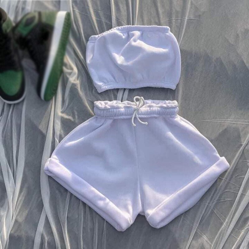 Women Shorts Sets With Strapless Sleeveless Top Female Tracksuit Sportswear Crop Tops+lace Up Short Trousers Summer Casual New