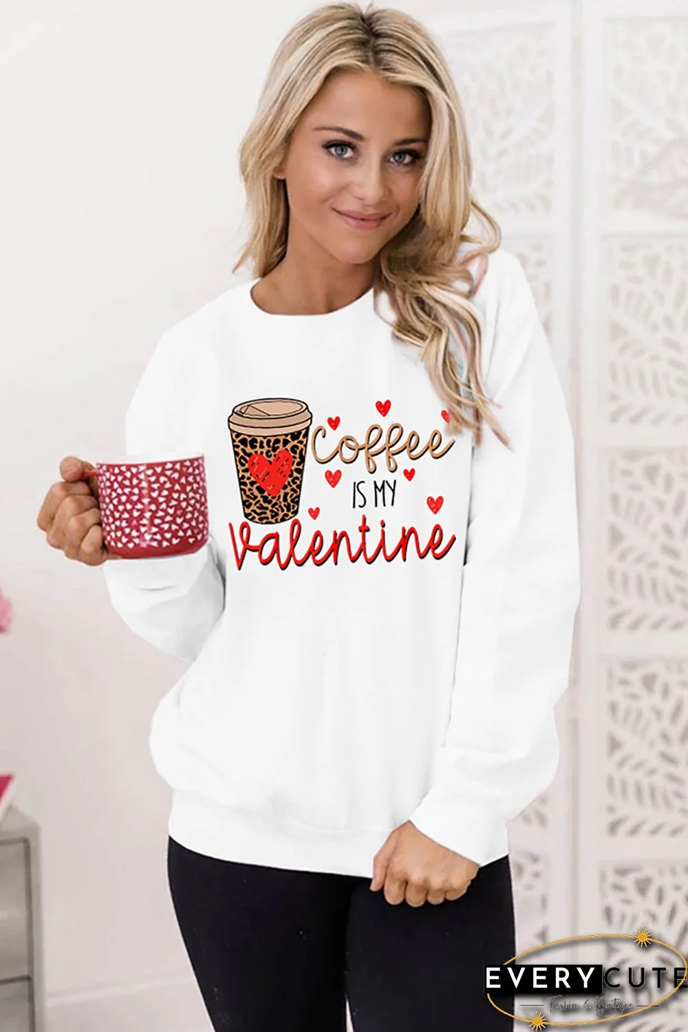 Letter Leopard Heart Graphic Print Long Sleeve Pullover Sweatshirt