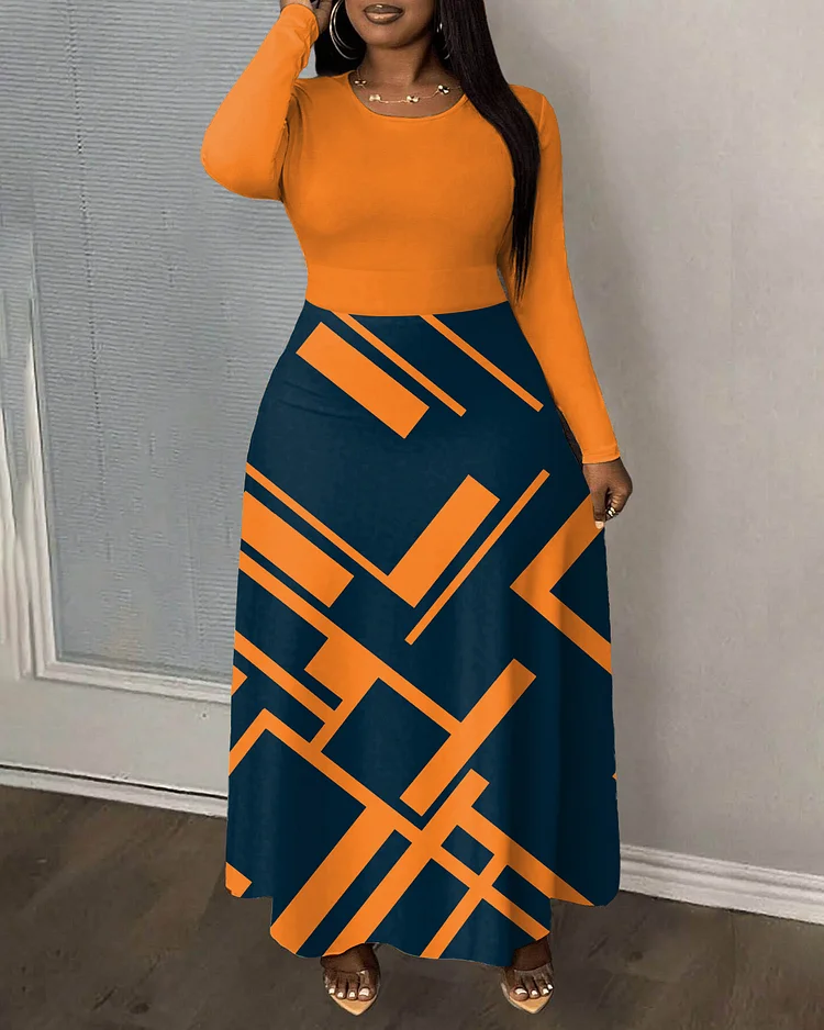 Orange Stripe Print Round Neck Long Sleeve Maxi Dress