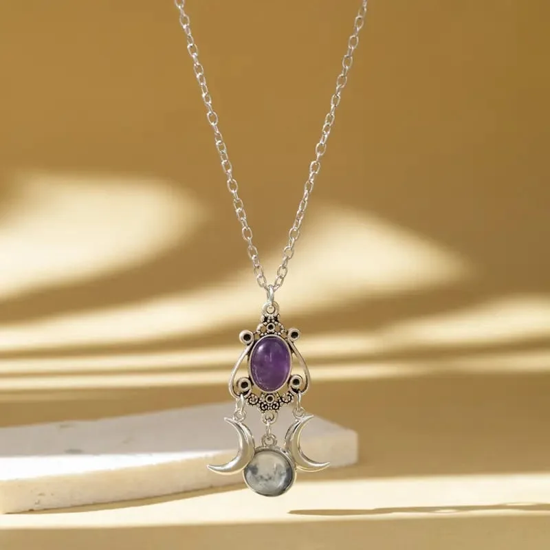 Amethyst Necklace Triple Moon Goddess