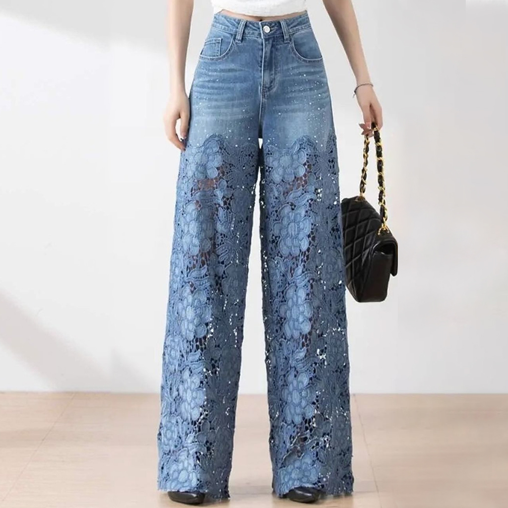 Patchwork Denim Pants With Lace Embroidery For Women Cafe Color Spring Trend Straight Leg Fit main image 1