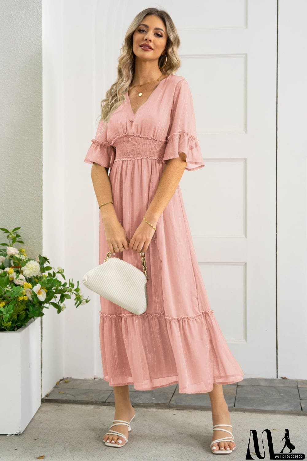 MidiSono - V-Neck Flounce Sleeve Smocked Waist High Slit Dress