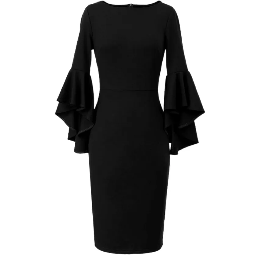 Women's Round Neck Layered Flare Sleeve Formal Bodycon Midi Dress