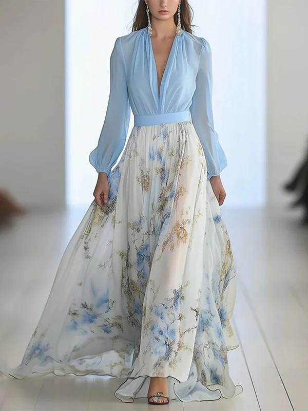 Flower Printed Contarst Color High-Waisted Long Sleeves Bohemia Maxi Dress