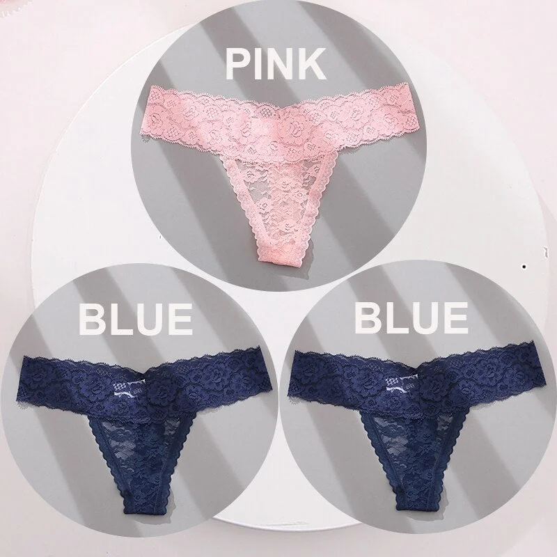 FINETOO 3PCS/Set M-XL G-string Thong Panties for Woman Sexy Lace Floral Underwear Transparent Women's Underpants Female Lingerie