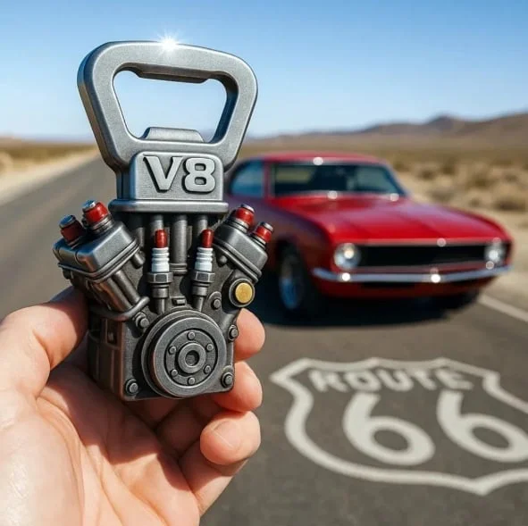 Mechanical engine bottle opener, V8 engine bottle opener