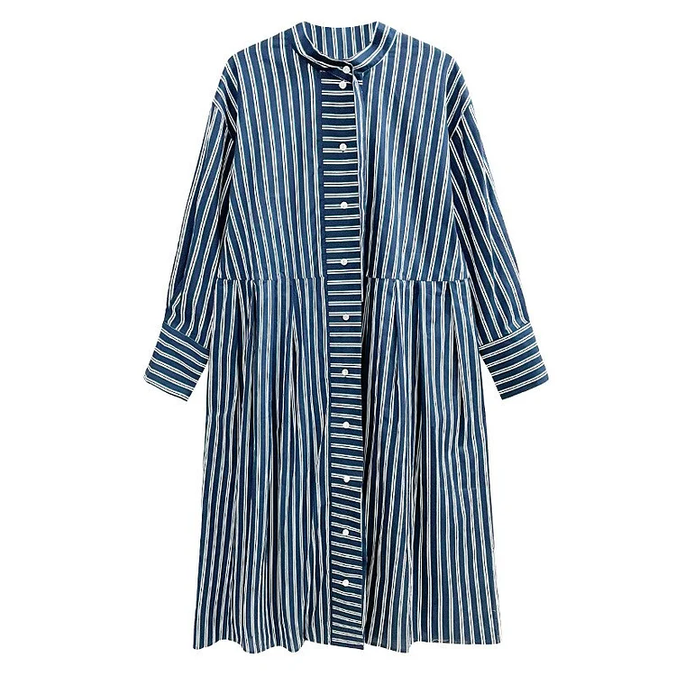 Urban Loose Half Stand Collar Contrast Color Striped Single-breasted Long Sleeve Dress