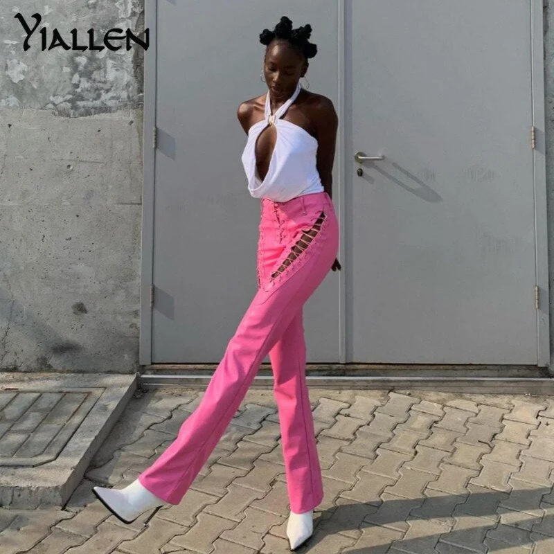 Yiallen Hollow Out Bandage Hipster Straight Trousers Women 2021 New Faux PU Leather Solid Fashion Street Style Pants Female Hot