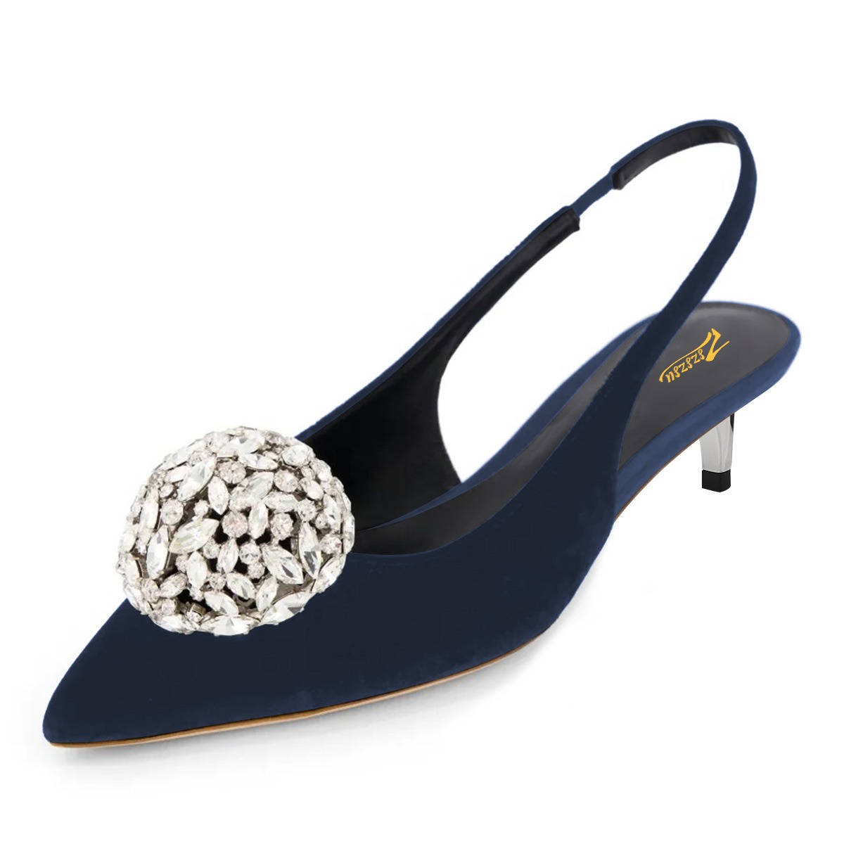 Navy Pointed Toe Rhinestone Ball Kitten Heel Slingback Pumps Nicepairs