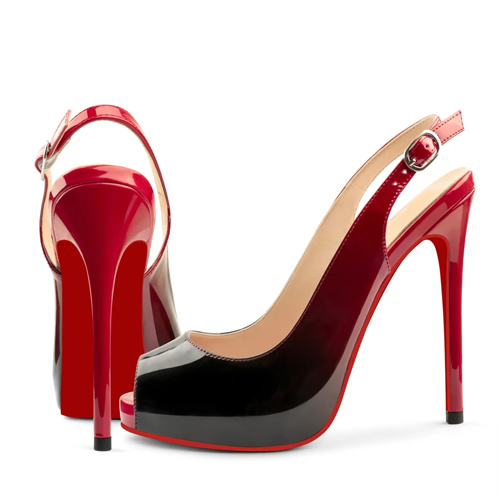 120mm Red Bottom Elastic Strap Slingback Sandals Peep Toe Platform Stilettos Patent Heels-MERUMOTE