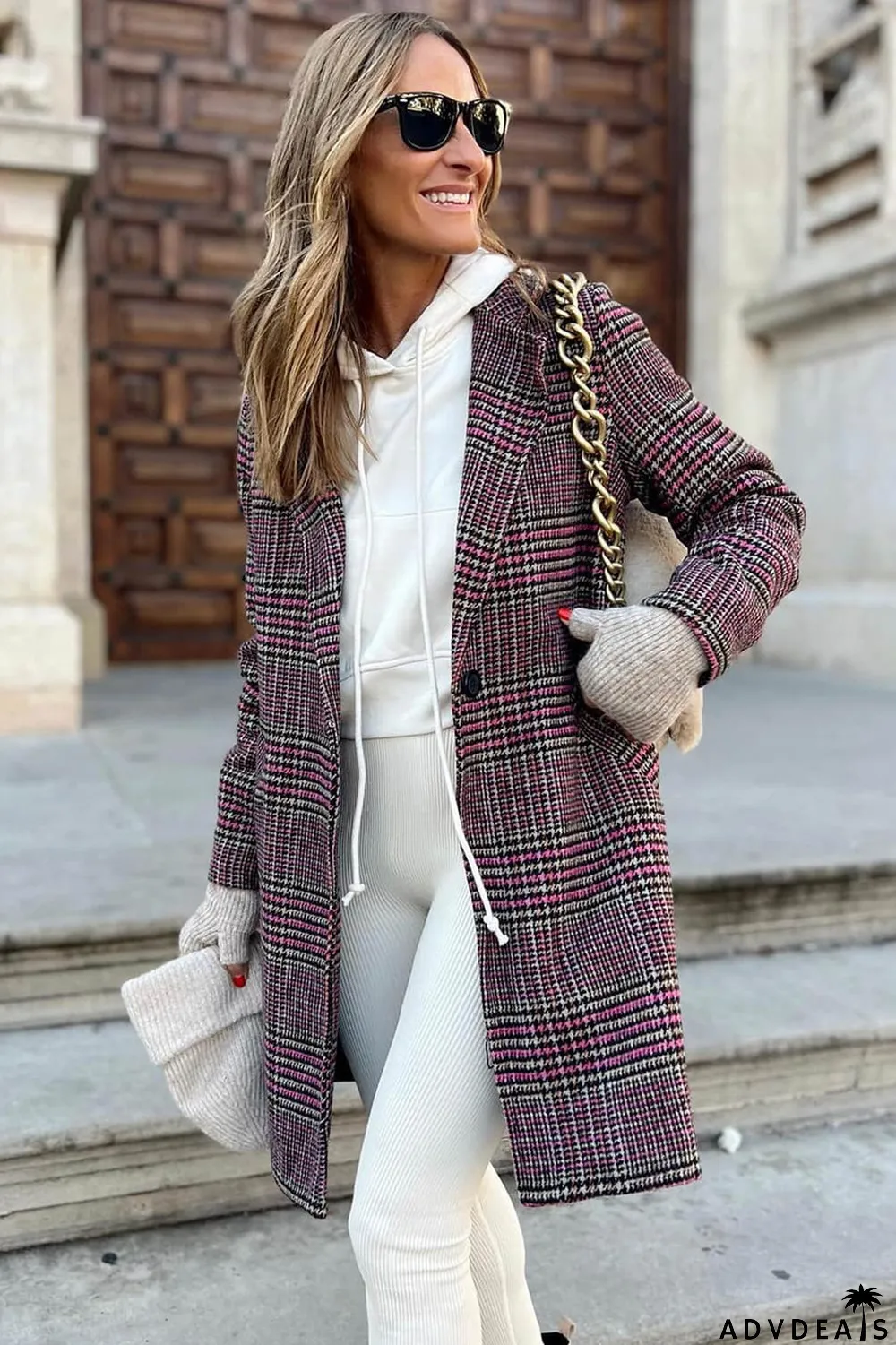 Pink Plaid Lapel Collar One Button Midi Coat
