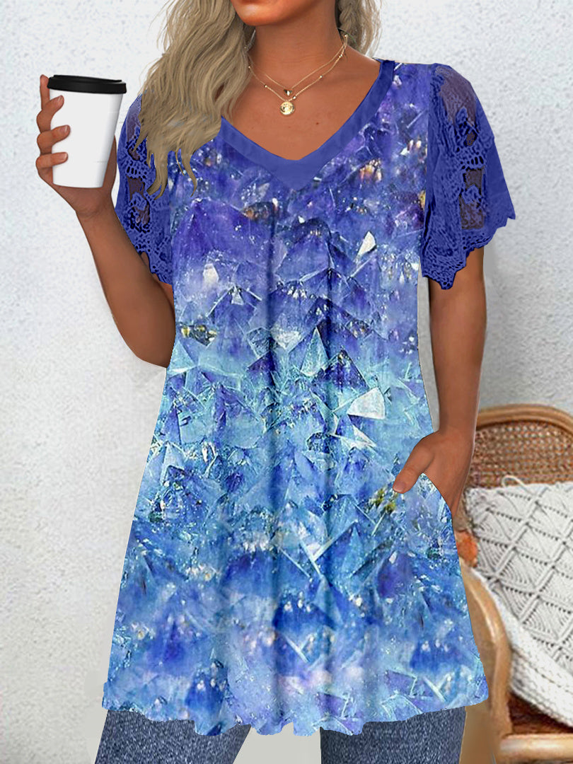 Women's Short Sleeve V-neck Graphic Lace Pockets Tops