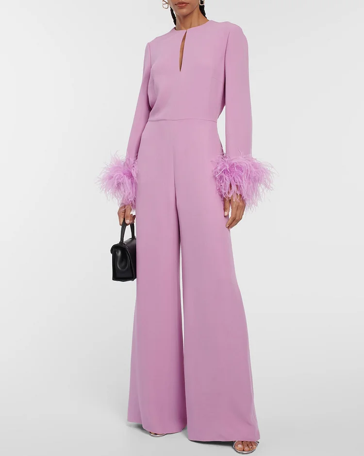 Feather Trimmed Wide Leg Silk Jumpsuit 
