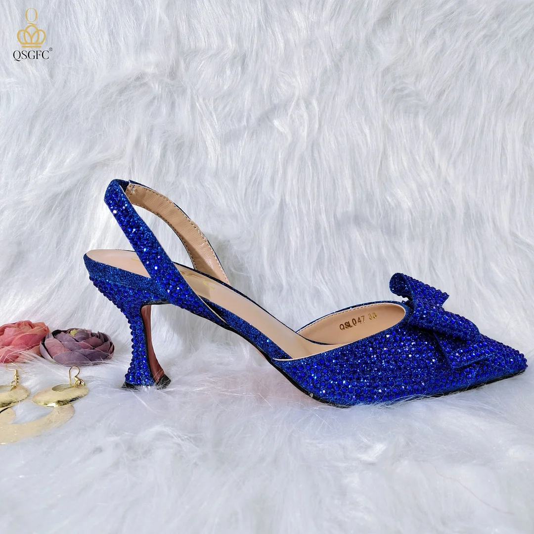 QSGFC Green Color Crystal Decoration Style Wine Glass Heel Friends Party Shoes Nigerian Fashion Ladies Shoes And Bag For Party