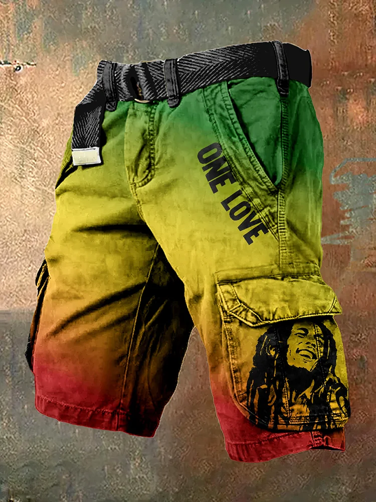 Retro Gradient Reggae One Love Bob Marley Print Men's Cargo Shorts