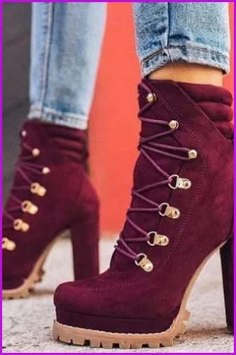 Women Flock Rivet Square High Heels Ankle Boots F3380