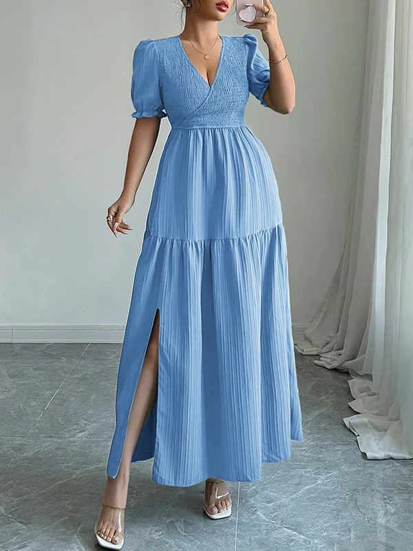 Pleated Solid Color Split-Front Half Sleeves High Waisted V-Neck Maxi Dresses