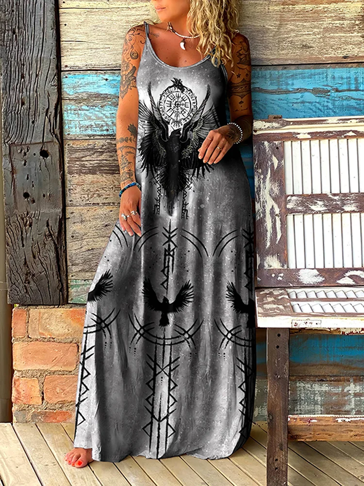 Retro Tribal Viking Crow Graphics Maxi Dress