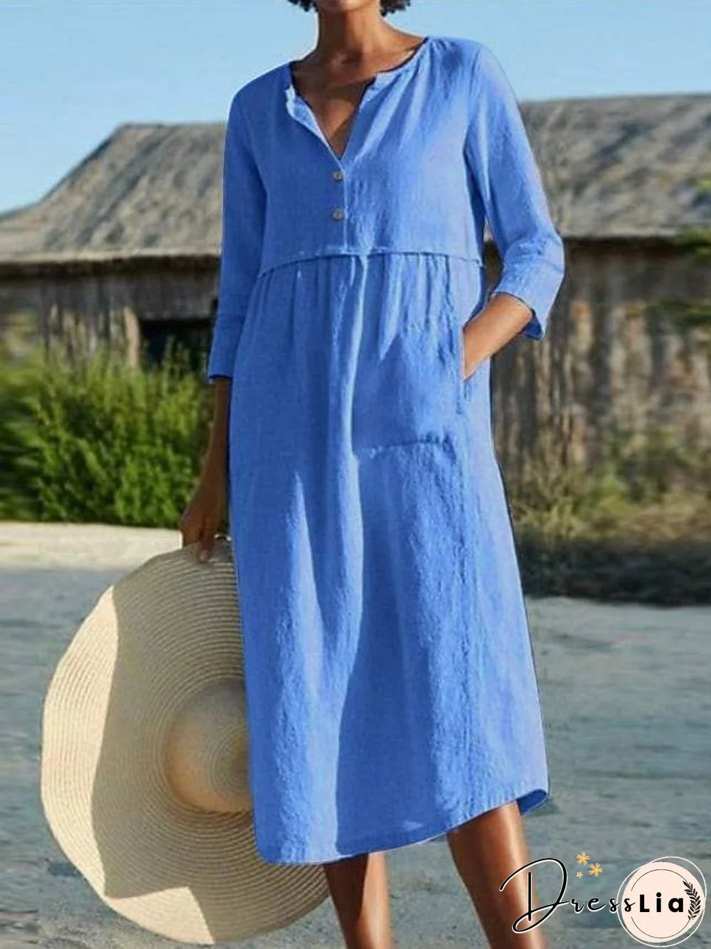 Women's A Line Dress Midi Dress Black Blushing Pink Wine Light Blue 3/4 Length Sleeve Solid Color Pocket Summer Shirt Collar Work Hot Casual Linen S M L XL XXL 3XL 4XL 5XL Linen